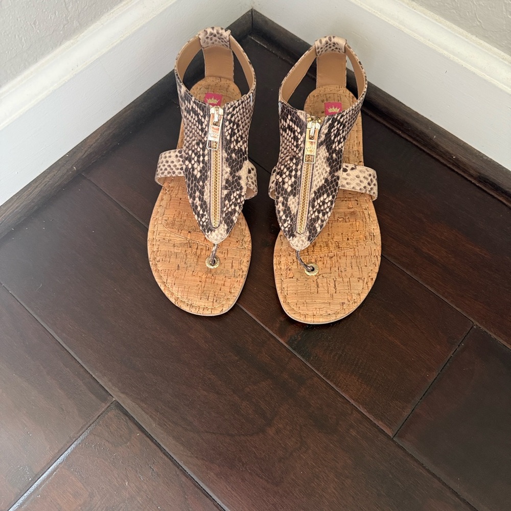 Elaine Turner Snake Print Cork Thong Sandals - Gold Zip Detail - Size 8